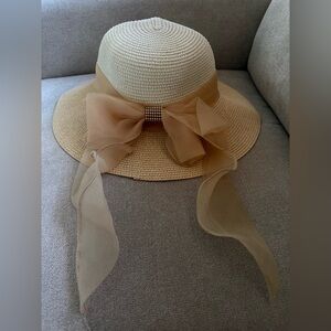 Milani Cream Wide-Brim Sun Hat with Chiffon Bow and Rhinestone Accent